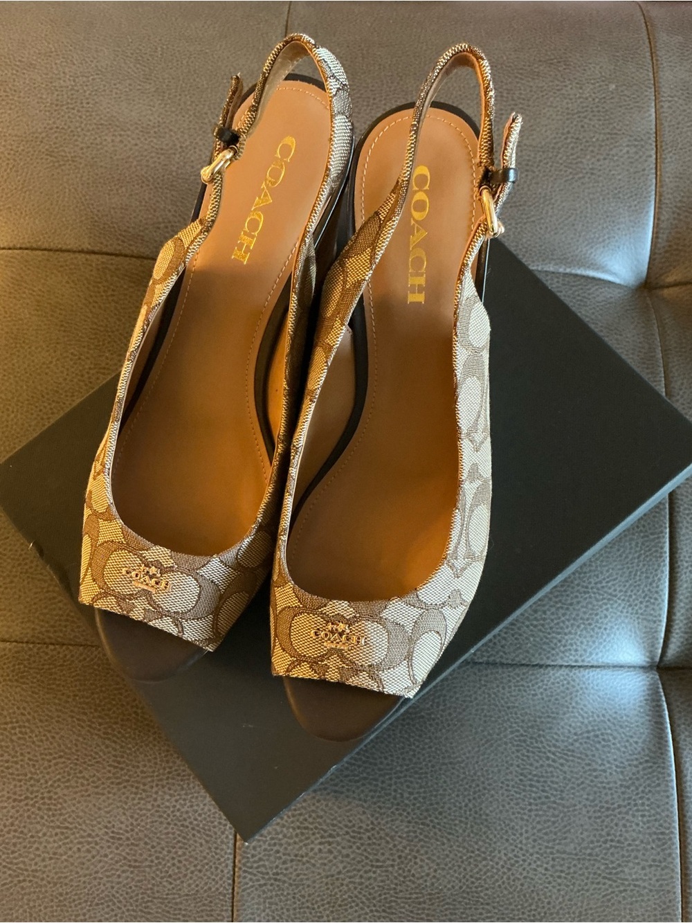 NEW Coach Brown Monogram Slingback Peep-Toe Wedge Sandals